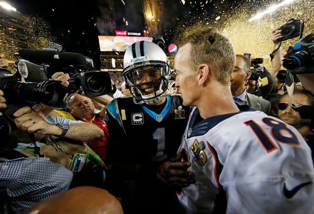SANTA CLARA, CA - FEBRUARY 07: Cam Newton #1 of the Carolina Panthers talks with Peyton Manning #18 of the Denver Broncos after Super Bowl 50 at Levi's Stadium on February 7, 2016 in Santa Clara, California. The Broncos defeated the Panthers 24-10. (Photo by Ezra Shaw/Getty Images)